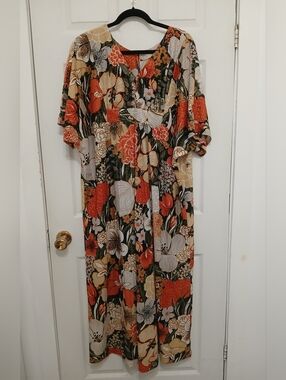 Vintage Retro 60s 70s Floor Length Floral Mumu Kaftan Dress Gold Lurex